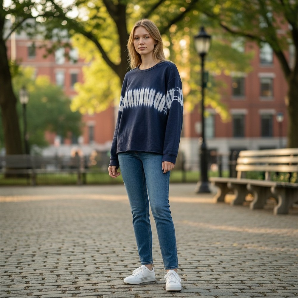 Vince Navy Blue Shibori Tie Dye French Terry Sweatshirt XL Raw Hem Pullover